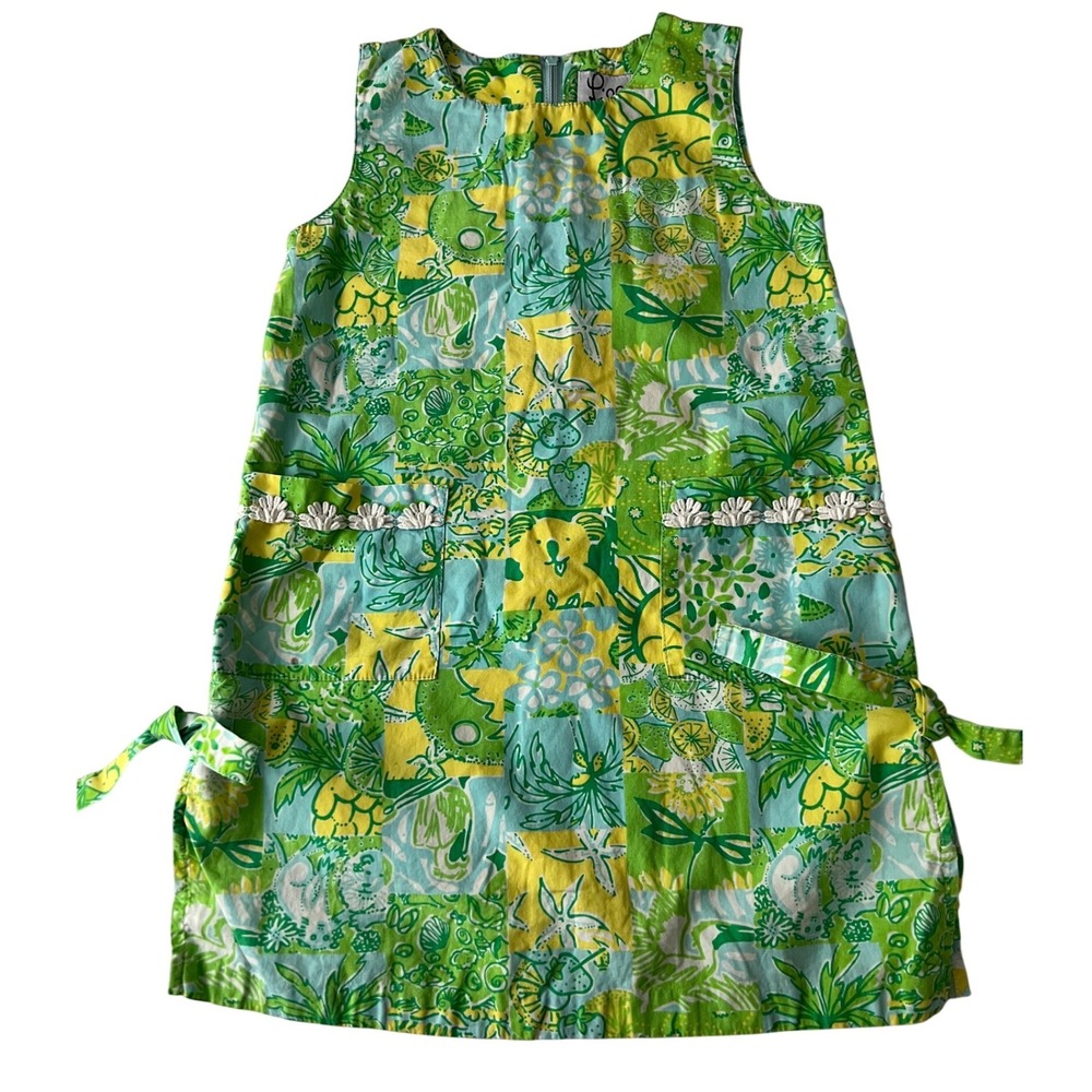 Lilly Pulitzer Shift Dress Kids Size 5 Green Patchwork Floral Vintage